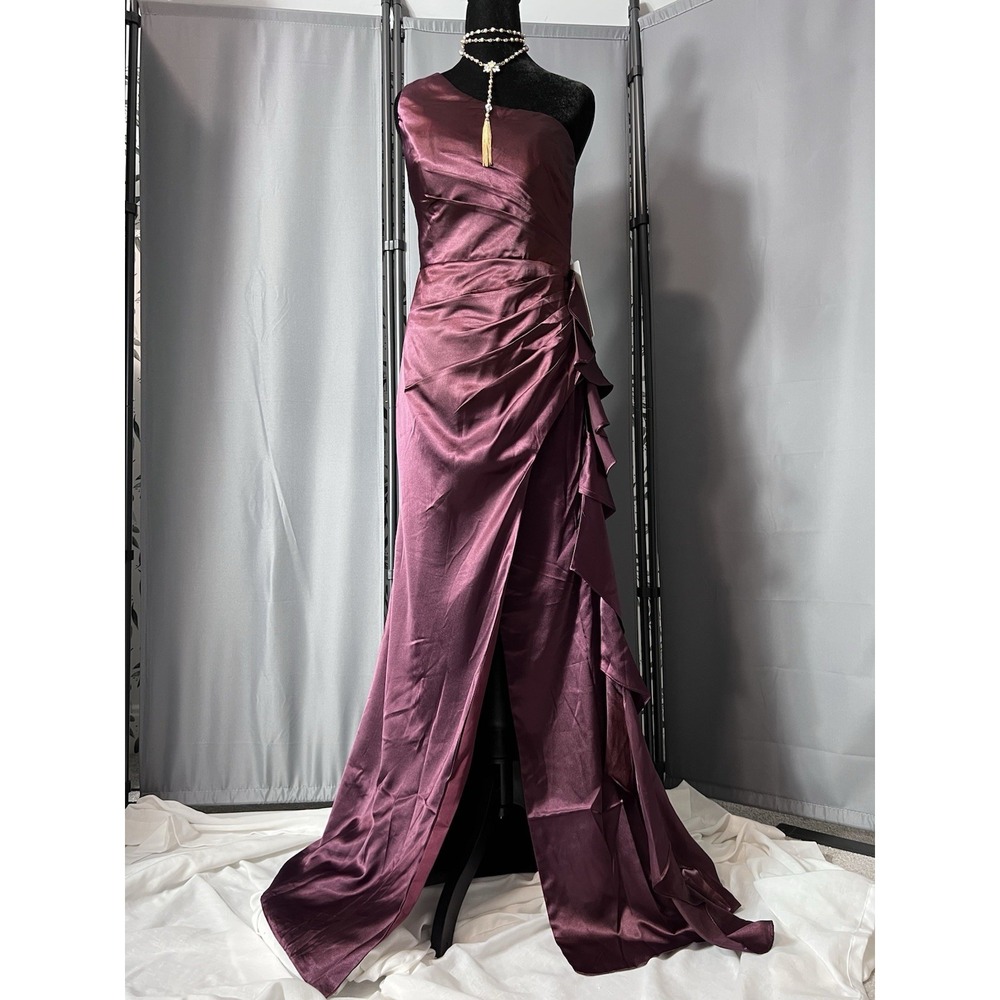 Satin Maroon One-shoulder Formal Gown Sz S 6 Prom Cascading Ruffle New Wedding